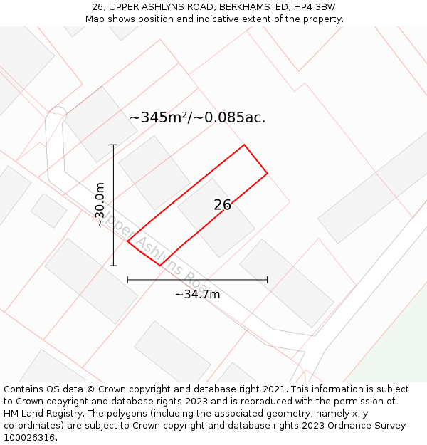 26, UPPER ASHLYNS ROAD, BERKHAMSTED, HP4 3BW: Plot and title map