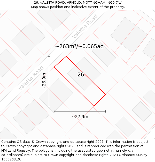 26, VALETTA ROAD, ARNOLD, NOTTINGHAM, NG5 7JW: Plot and title map