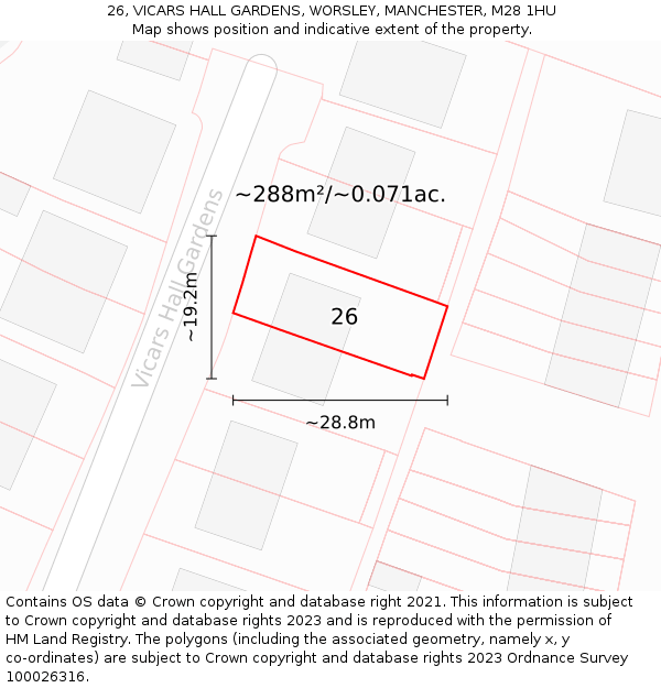 26, VICARS HALL GARDENS, WORSLEY, MANCHESTER, M28 1HU: Plot and title map