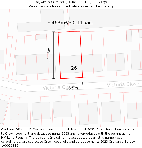 26, VICTORIA CLOSE, BURGESS HILL, RH15 9QS: Plot and title map