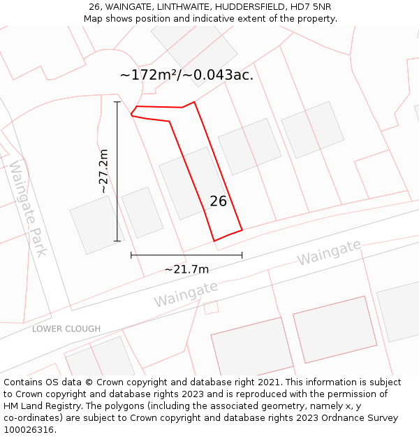 26, WAINGATE, LINTHWAITE, HUDDERSFIELD, HD7 5NR: Plot and title map