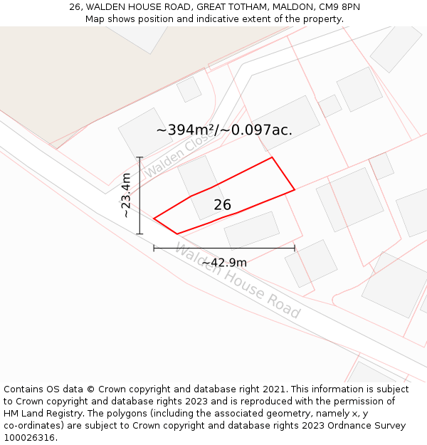 26, WALDEN HOUSE ROAD, GREAT TOTHAM, MALDON, CM9 8PN: Plot and title map