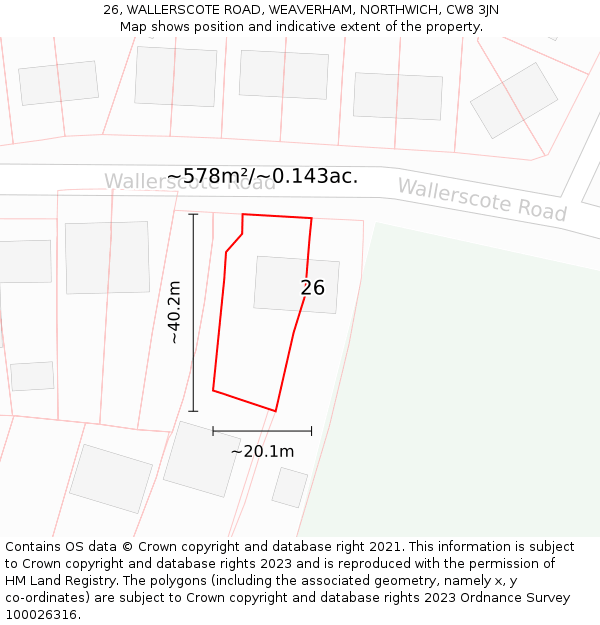 26, WALLERSCOTE ROAD, WEAVERHAM, NORTHWICH, CW8 3JN: Plot and title map