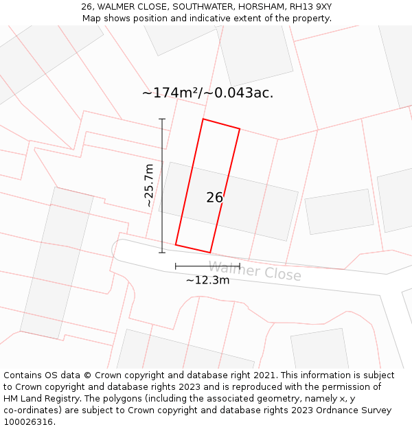 26, WALMER CLOSE, SOUTHWATER, HORSHAM, RH13 9XY: Plot and title map