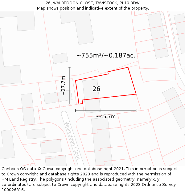 26, WALREDDON CLOSE, TAVISTOCK, PL19 8DW: Plot and title map