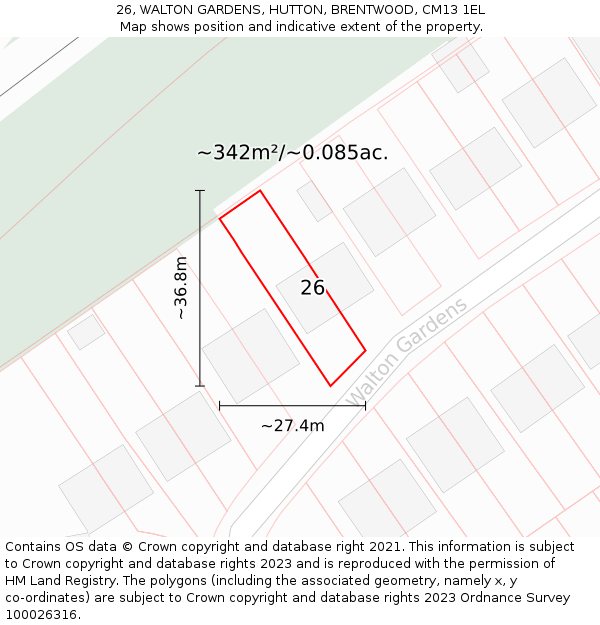 26, WALTON GARDENS, HUTTON, BRENTWOOD, CM13 1EL: Plot and title map