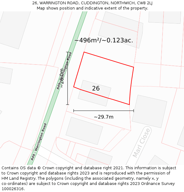 26, WARRINGTON ROAD, CUDDINGTON, NORTHWICH, CW8 2LJ: Plot and title map