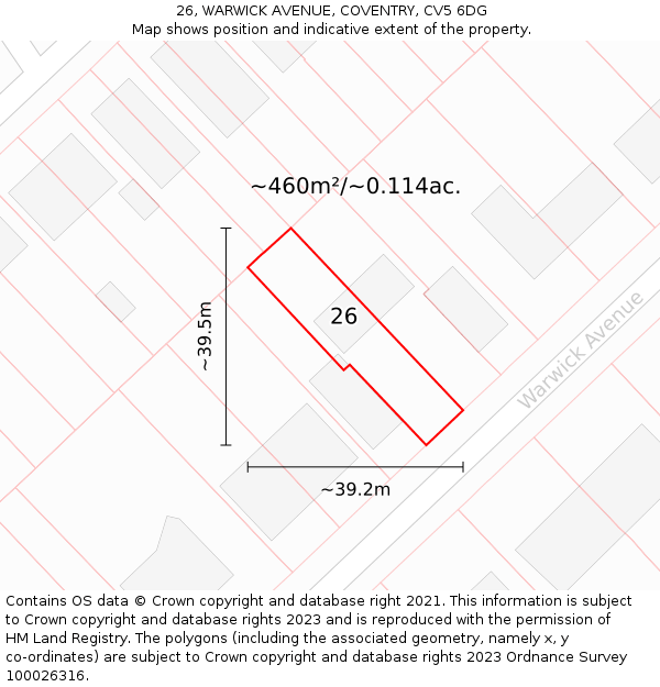 26, WARWICK AVENUE, COVENTRY, CV5 6DG: Plot and title map