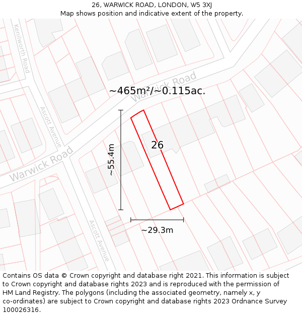 26, WARWICK ROAD, LONDON, W5 3XJ: Plot and title map