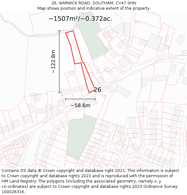 26, WARWICK ROAD, SOUTHAM, CV47 0HN: Plot and title map