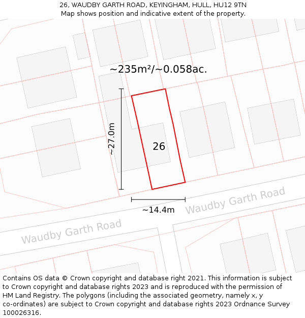 26, WAUDBY GARTH ROAD, KEYINGHAM, HULL, HU12 9TN: Plot and title map