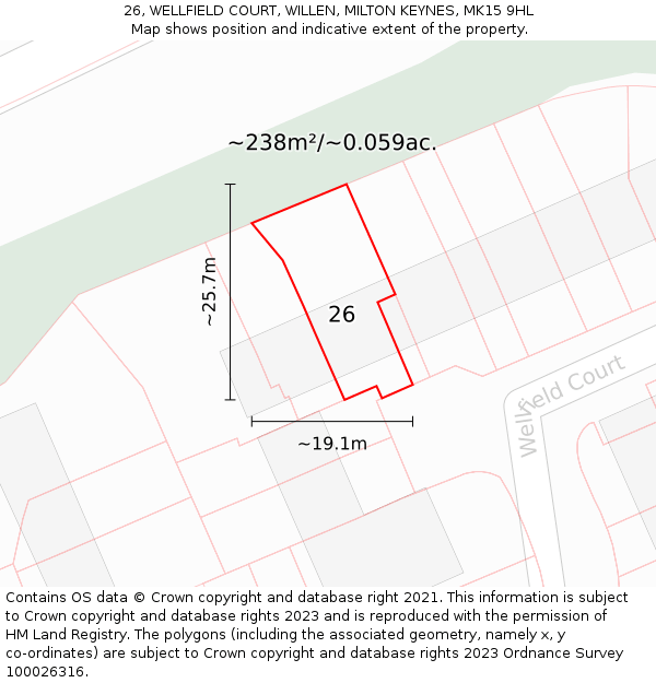 26, WELLFIELD COURT, WILLEN, MILTON KEYNES, MK15 9HL: Plot and title map