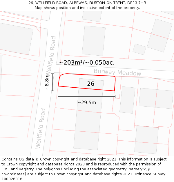 26, WELLFIELD ROAD, ALREWAS, BURTON-ON-TRENT, DE13 7HB: Plot and title map