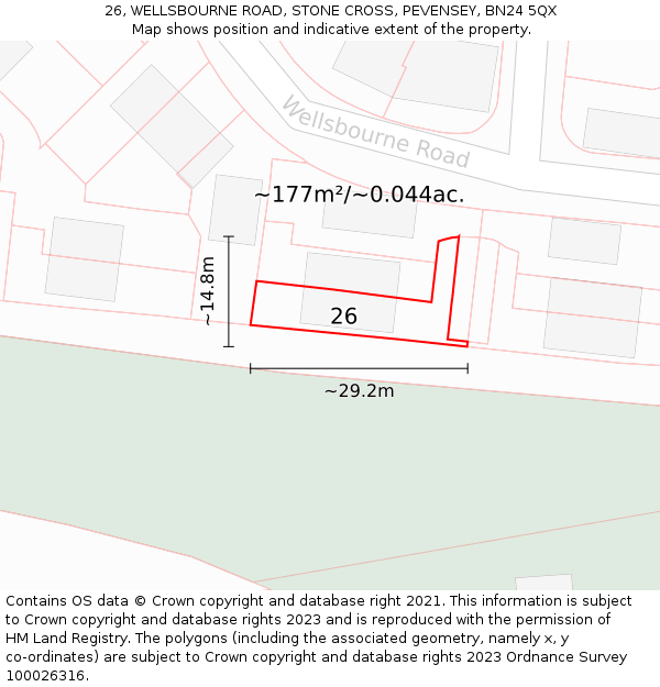 26, WELLSBOURNE ROAD, STONE CROSS, PEVENSEY, BN24 5QX: Plot and title map