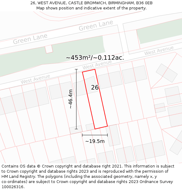 26, WEST AVENUE, CASTLE BROMWICH, BIRMINGHAM, B36 0EB: Plot and title map