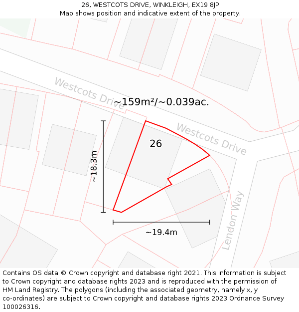 26, WESTCOTS DRIVE, WINKLEIGH, EX19 8JP: Plot and title map