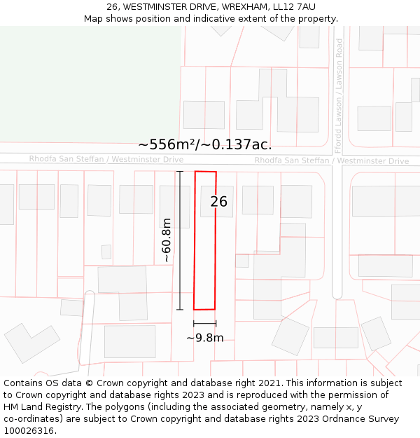 26, WESTMINSTER DRIVE, WREXHAM, LL12 7AU: Plot and title map