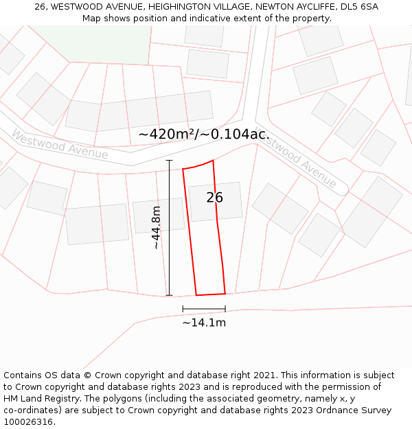 26, WESTWOOD AVENUE, HEIGHINGTON VILLAGE, NEWTON AYCLIFFE, DL5 6SA: Plot and title map