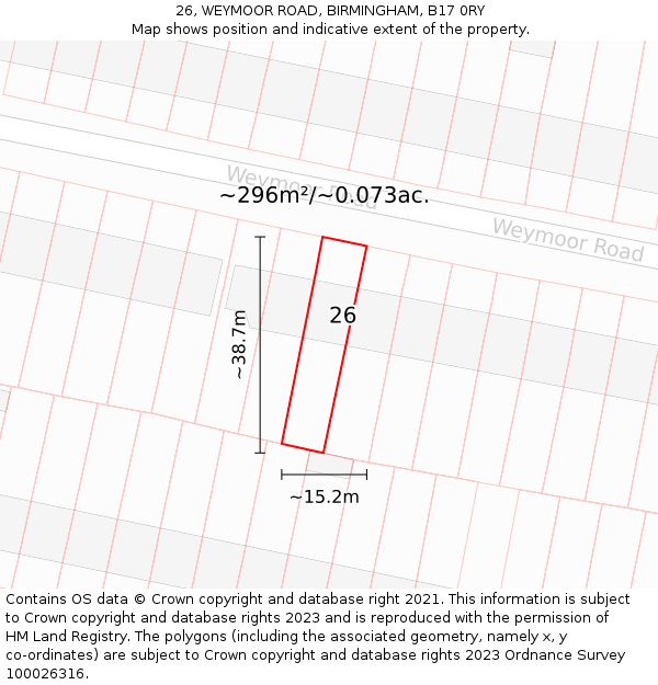 26, WEYMOOR ROAD, BIRMINGHAM, B17 0RY: Plot and title map