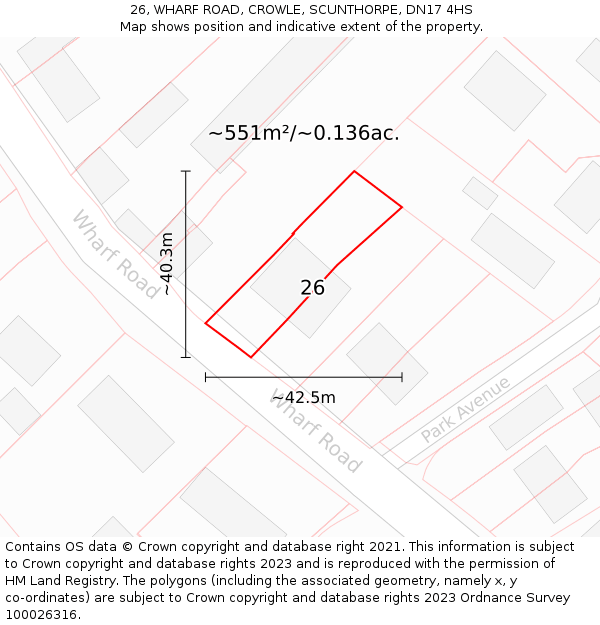 26, WHARF ROAD, CROWLE, SCUNTHORPE, DN17 4HS: Plot and title map