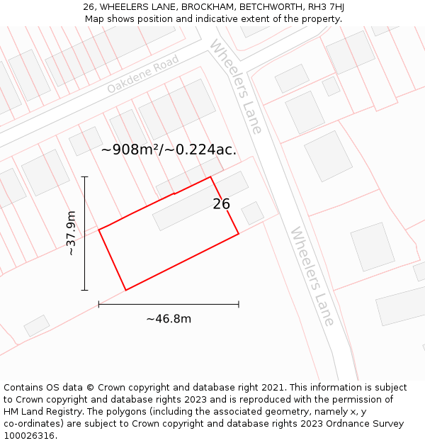 26, WHEELERS LANE, BROCKHAM, BETCHWORTH, RH3 7HJ: Plot and title map