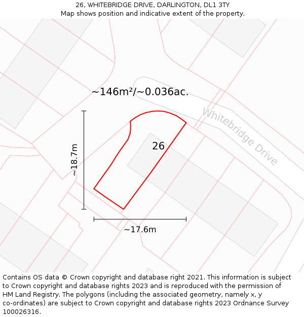 26, WHITEBRIDGE DRIVE, DARLINGTON, DL1 3TY: Plot and title map