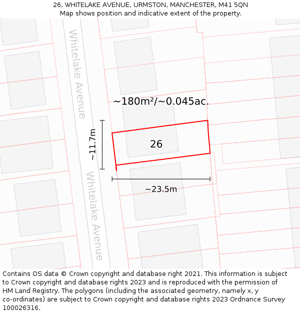 26, WHITELAKE AVENUE, URMSTON, MANCHESTER, M41 5QN: Plot and title map