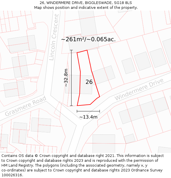 26, WINDERMERE DRIVE, BIGGLESWADE, SG18 8LS: Plot and title map