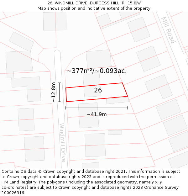 26, WINDMILL DRIVE, BURGESS HILL, RH15 8JW: Plot and title map