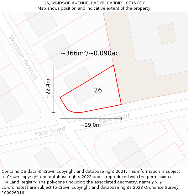 26, WINDSOR AVENUE, RADYR, CARDIFF, CF15 8BY: Plot and title map