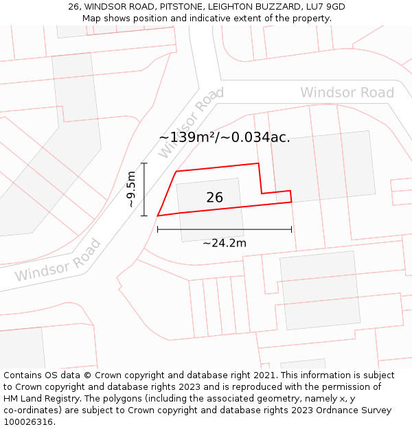 26, WINDSOR ROAD, PITSTONE, LEIGHTON BUZZARD, LU7 9GD: Plot and title map