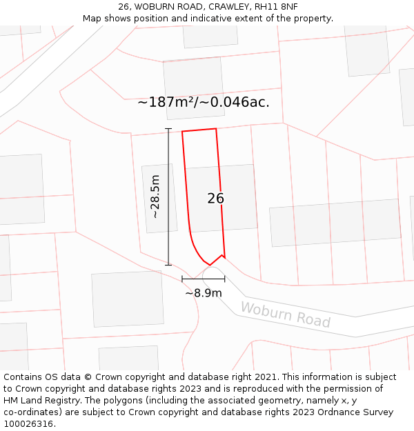 26, WOBURN ROAD, CRAWLEY, RH11 8NF: Plot and title map