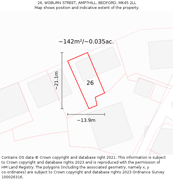 26, WOBURN STREET, AMPTHILL, BEDFORD, MK45 2LL: Plot and title map