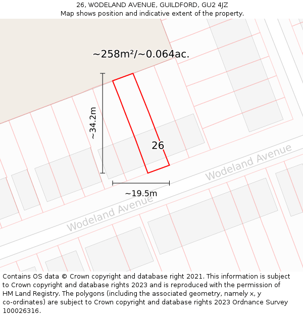 26, WODELAND AVENUE, GUILDFORD, GU2 4JZ: Plot and title map