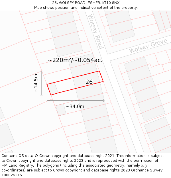 26, WOLSEY ROAD, ESHER, KT10 8NX: Plot and title map