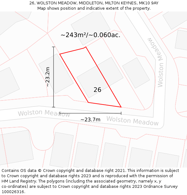 26, WOLSTON MEADOW, MIDDLETON, MILTON KEYNES, MK10 9AY: Plot and title map