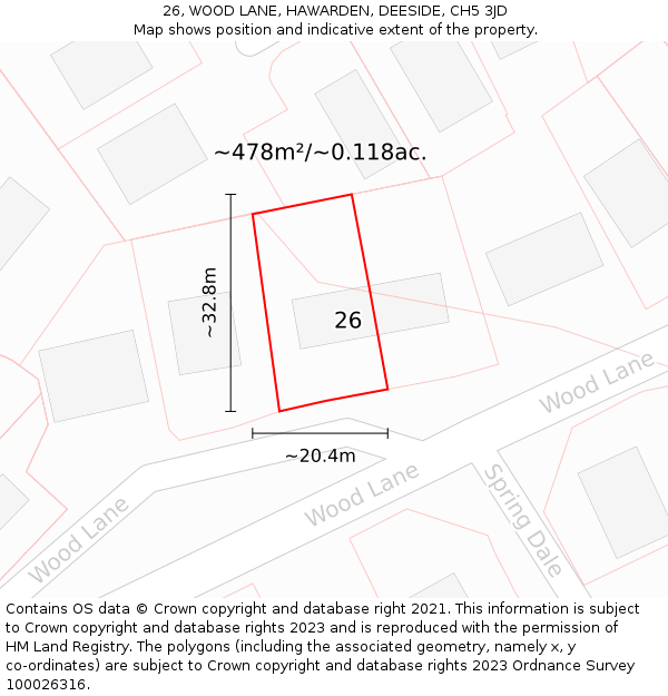 26, WOOD LANE, HAWARDEN, DEESIDE, CH5 3JD: Plot and title map