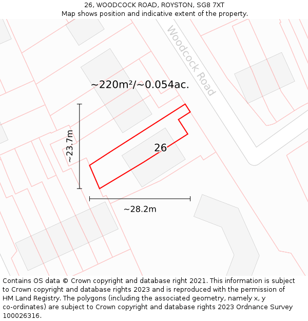 26, WOODCOCK ROAD, ROYSTON, SG8 7XT: Plot and title map