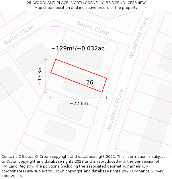 26, WOODLAND PLACE, NORTH CORNELLY, BRIDGEND, CF33 4EW: Plot and title map