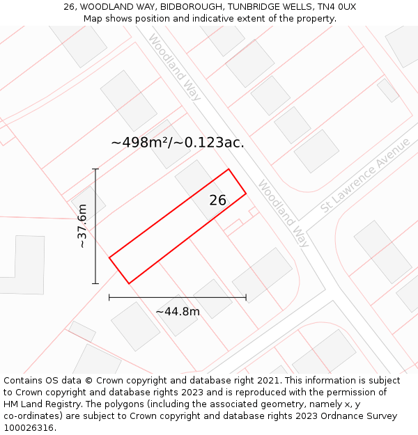 26, WOODLAND WAY, BIDBOROUGH, TUNBRIDGE WELLS, TN4 0UX: Plot and title map