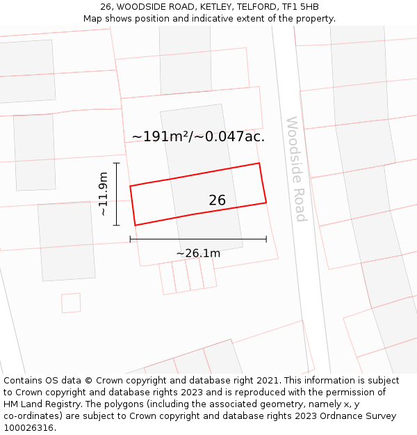 26, WOODSIDE ROAD, KETLEY, TELFORD, TF1 5HB: Plot and title map