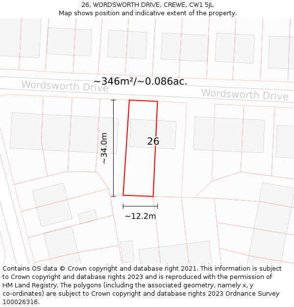 26, WORDSWORTH DRIVE, CREWE, CW1 5JL: Plot and title map