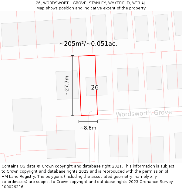 26, WORDSWORTH GROVE, STANLEY, WAKEFIELD, WF3 4JL: Plot and title map