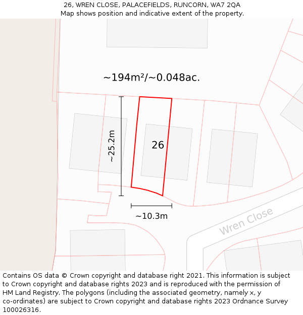 26, WREN CLOSE, PALACEFIELDS, RUNCORN, WA7 2QA: Plot and title map