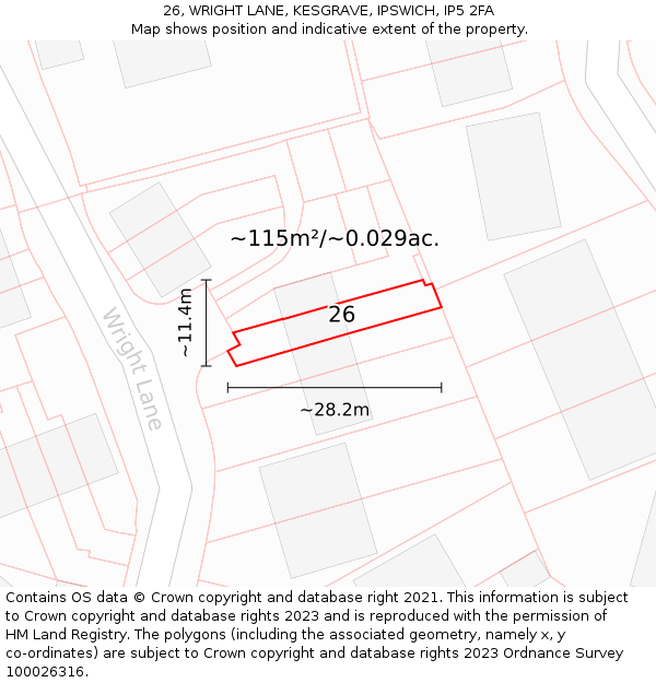 26, WRIGHT LANE, KESGRAVE, IPSWICH, IP5 2FA: Plot and title map