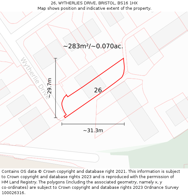 26, WYTHERLIES DRIVE, BRISTOL, BS16 1HX: Plot and title map