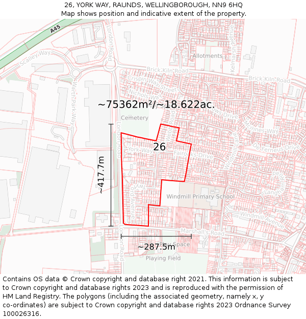 26, YORK WAY, RAUNDS, WELLINGBOROUGH, NN9 6HQ: Plot and title map