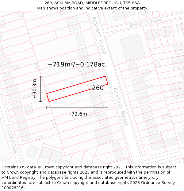 260, ACKLAM ROAD, MIDDLESBROUGH, TS5 8AA: Plot and title map