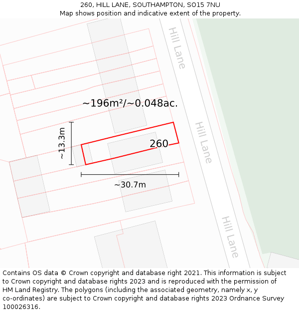 260, HILL LANE, SOUTHAMPTON, SO15 7NU: Plot and title map