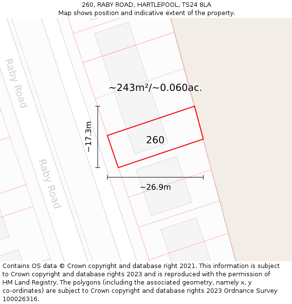 260, RABY ROAD, HARTLEPOOL, TS24 8LA: Plot and title map